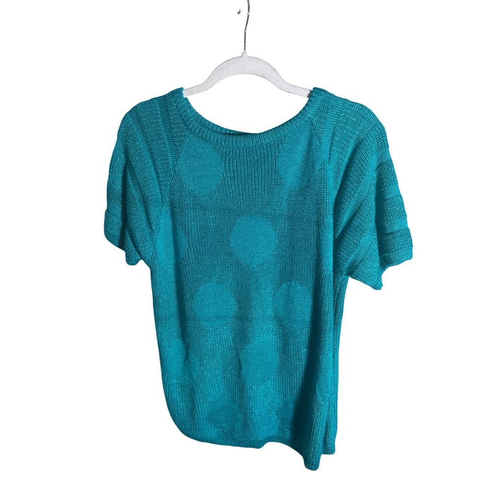 Halston III Womens Teal Blue Tonal Polka Dot Knit Short Sleeve SweaterSize M T